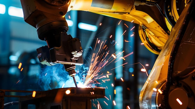 Photo robot arm precisely welding steel beams in an industrial factory