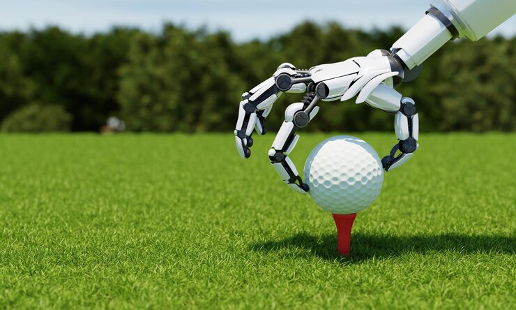Robot arm putting golf ball on tee as caddy or player with fairway green background