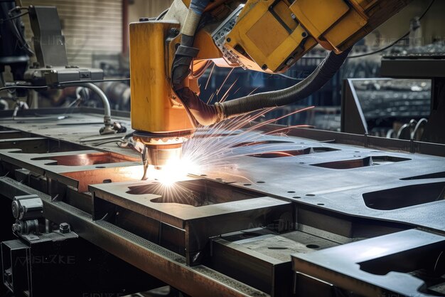 Robot arm welding metal plate on automotives in factory