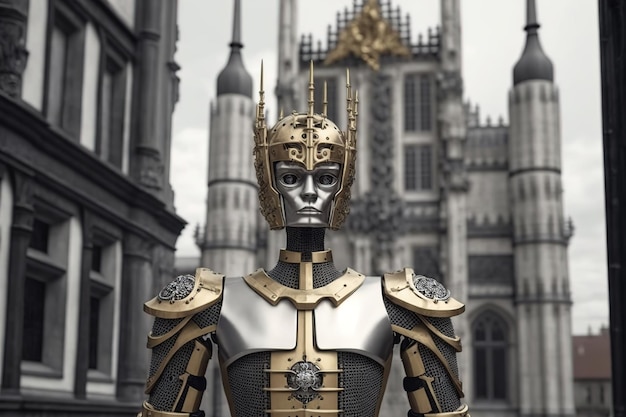 A robot in armor and a crown on its head against the backdrop of a castle Generative AI