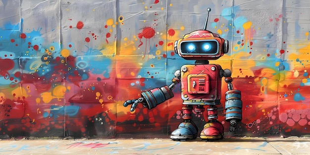 Robot Artist Creating a Playful Mural on a Wall Concept Graffiti Art Robot Design Wall Mural Playful Colors Outdoor Setting