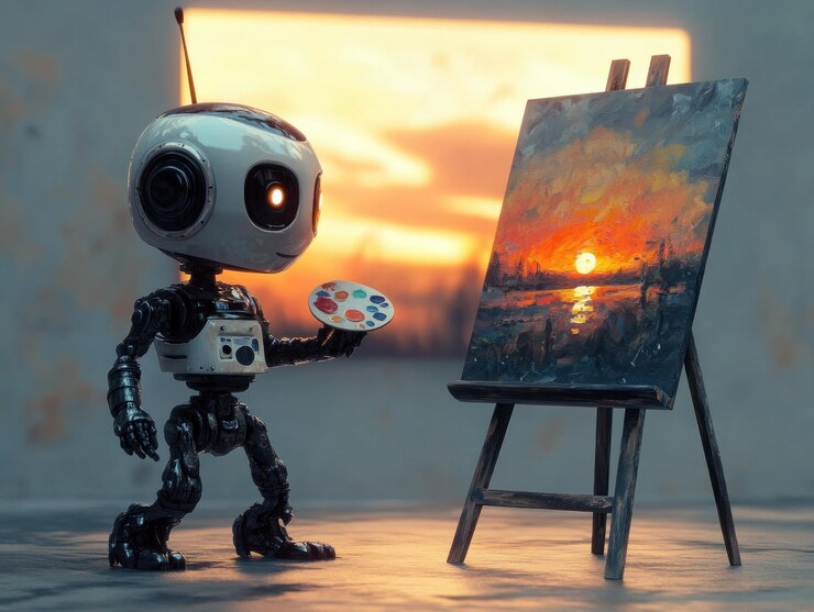Photo 夕暮れの絵を描くロボットアーティスト