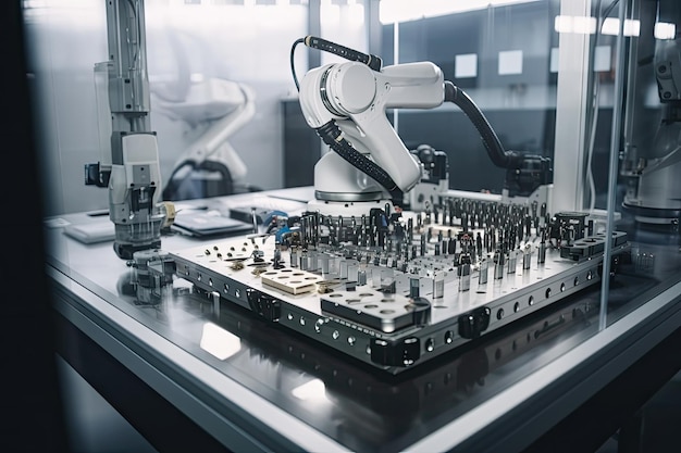 Robot assembling intricate device in medical laboratory created with generative ai