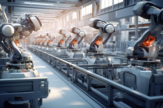 Robot assembly line in a futuristic factory The automation of manufacturing processes with a robotic arm Ai generated