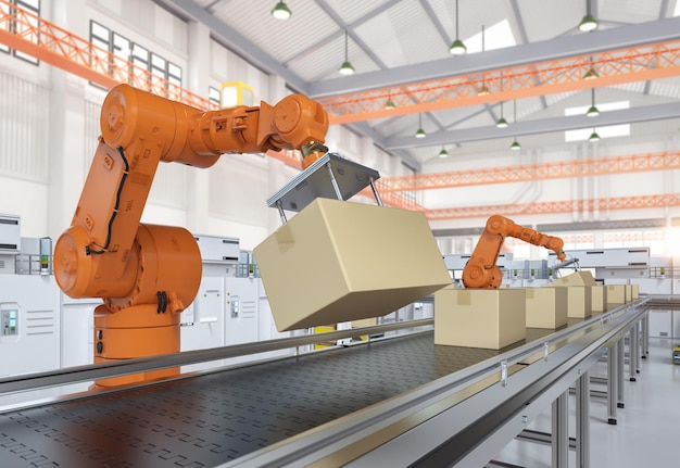 Robot assembly line with cardboard boxes