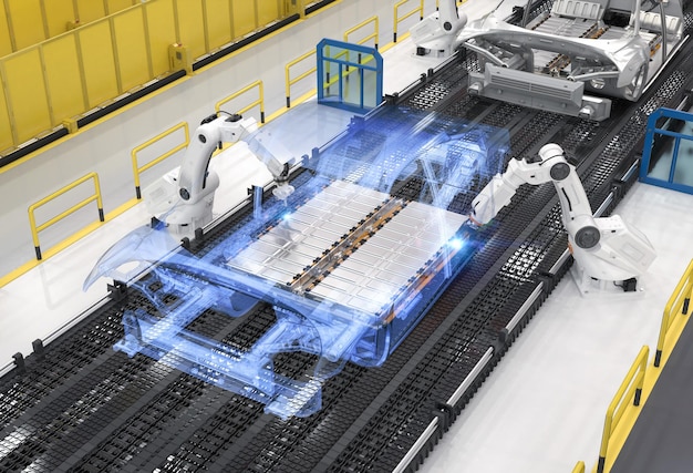 Robot assembly line with electric car battery cells module on\
platform