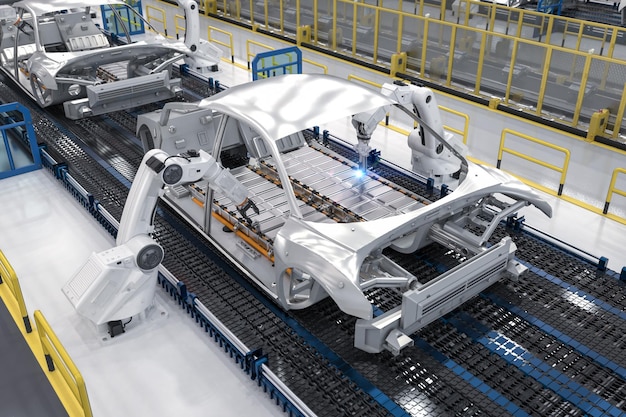 Robot assembly line with electric car battery cells module on\
platform