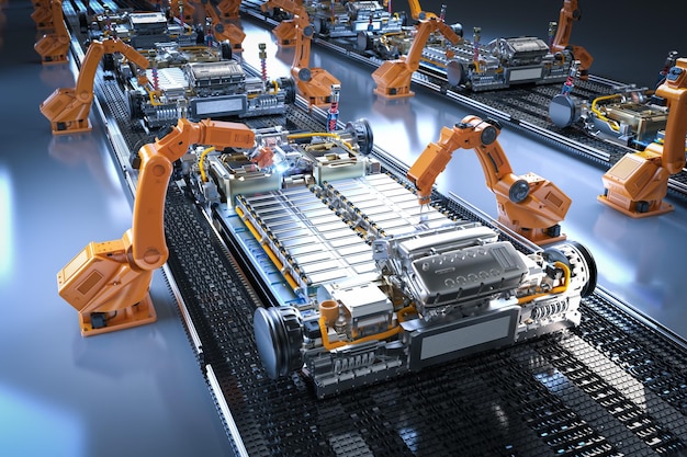 Robot assembly line with electric car battery cells module on\
platform