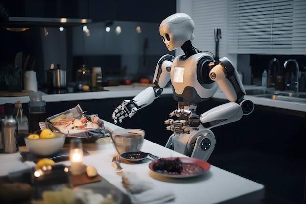 Robot assistance cooking something at the kitchen Artificial intelligence helping people with housework Futuristic concept Generated AI