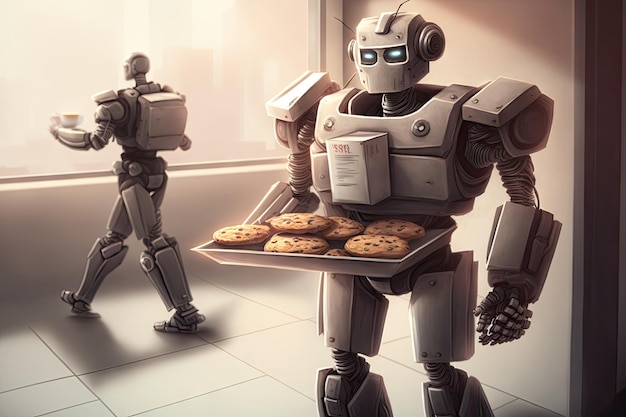 Robot assistant carrying tray of pastries and coffee to office break room created with generative ai