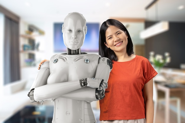 Robot assistant concept with asian woman hold 3d rendering female cyborg