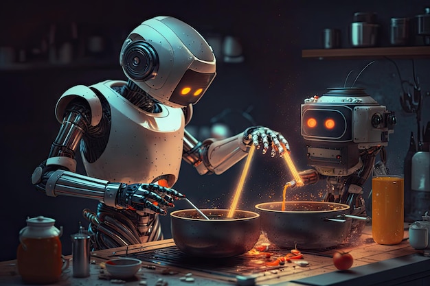 Robot assistant helping person with cooking preparing ingredients and stirring sauce