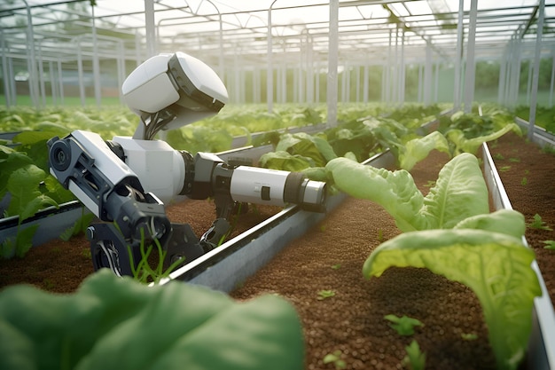 Photo a robot assistant helps in agriculture to grow plants in a greenhouse generative ai 1