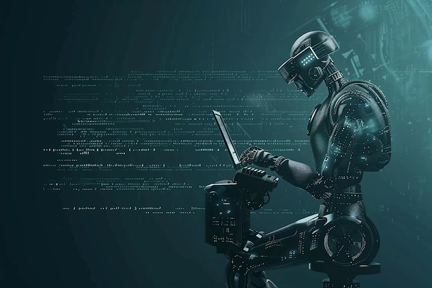 Robot assistent met schrijfmachine big data matrix kunstmatige intelligentie technologie