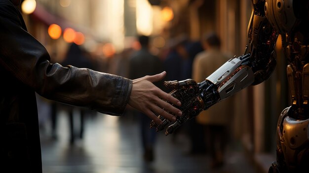 Robot assisting in dangerous situation extending helpful hand on blurred defocused background