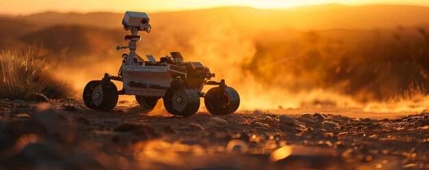 Photo robot autonomous rover surveying new terrain windy photography golden hour depth of field bokeh effect