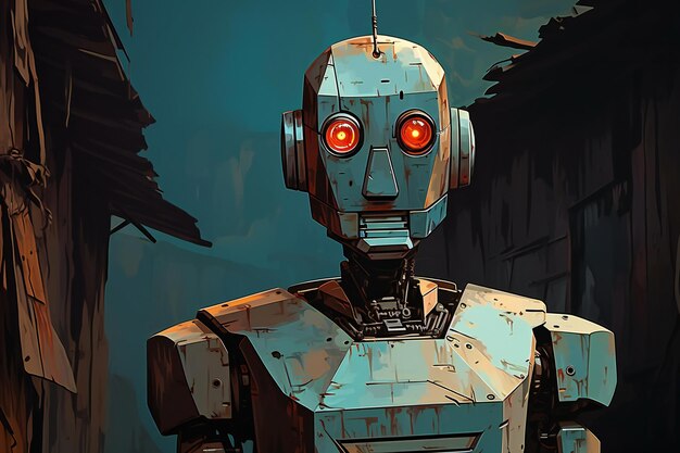 Robot on the background of the destroyed city