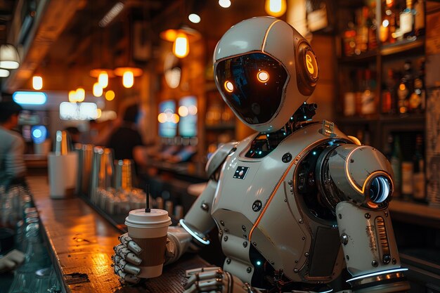 Photo robot at a bar with a cup of coffee the bar is dimly lit giving the scene a mysterious and futuristic feel