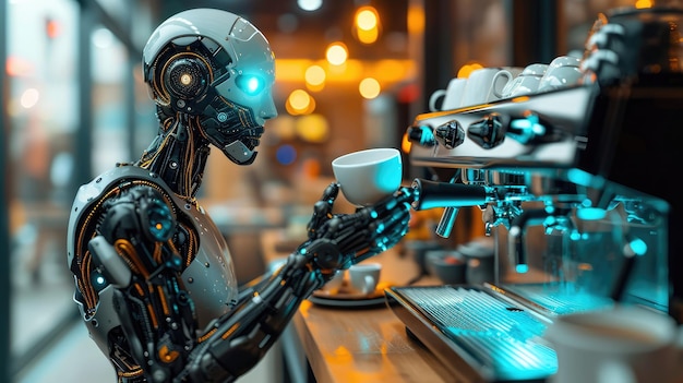 ロボット・バリスタがコーヒーショップでコーヒーを作っている