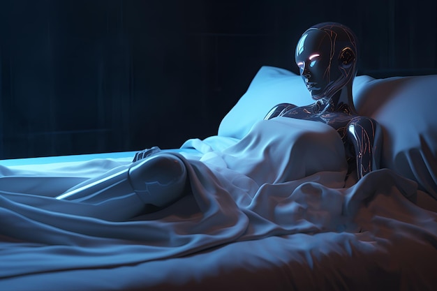 A robot in a bed with a woman in a white dress laying on a bed.