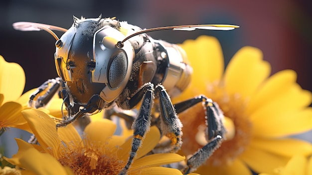 Photo robot bee on flower generative ai