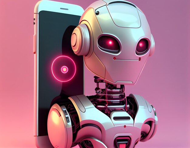 Robot beside the screen of smartphone Concept of chatbot with artificial intelligence