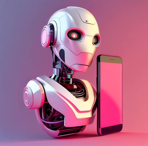 Robot beside the screen of smartphone Concept of chatbot with artificial intelligence