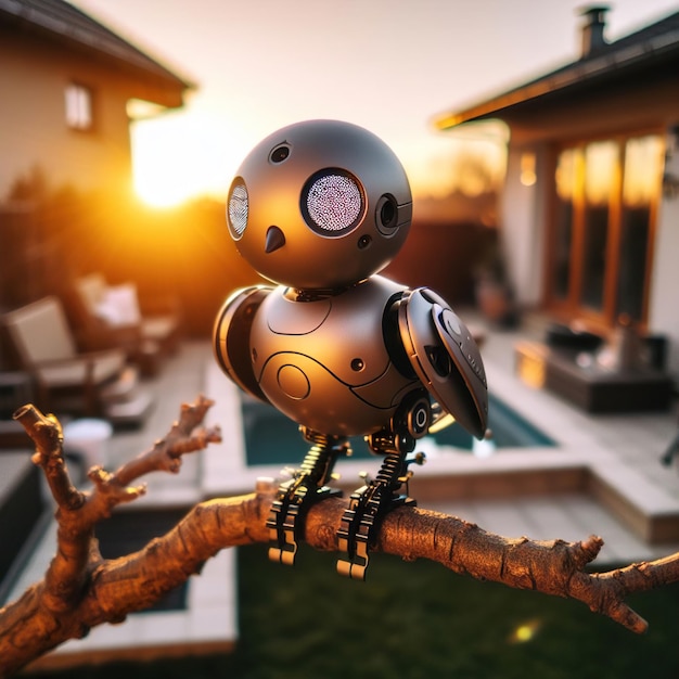 Robot bird in front of home sunset