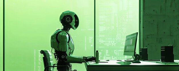 Robot in blended office of future facing business challenges green wall contrast