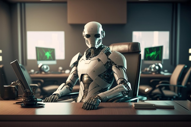 Photo robot boss or ceo sitting in a futuristic office ai development concept generative ai