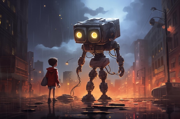 robot and boy in city by Generative AI