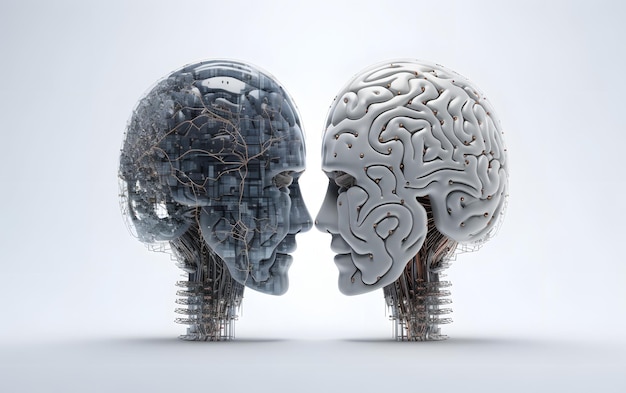 A robot and a brain are facing each other.