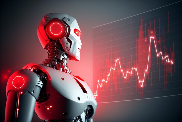 Robot business and trader pointing stock chart stock graph analysis to win in market generative AI