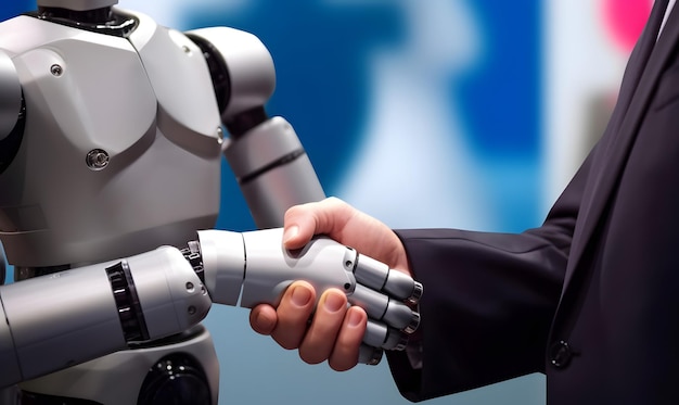 Robot and businessman in handshake Concept of human robot relationships AI generated image