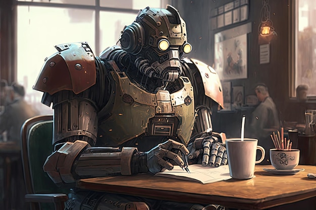 Robot in cafe working on a research paper and sipping espresso