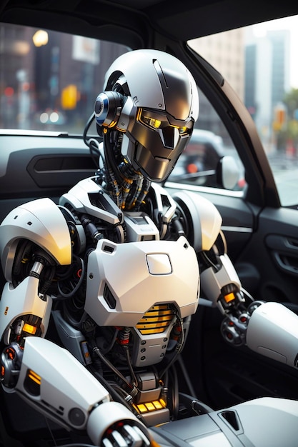 A robot in a car with the driver's seat open