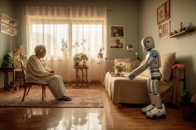 Robot caregiver takes care and looks after an elderly retired old woman made with Generative AI