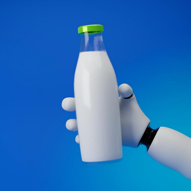 Robot cartoon hand holding glass milk bottle isolated over blue background 3d rendering