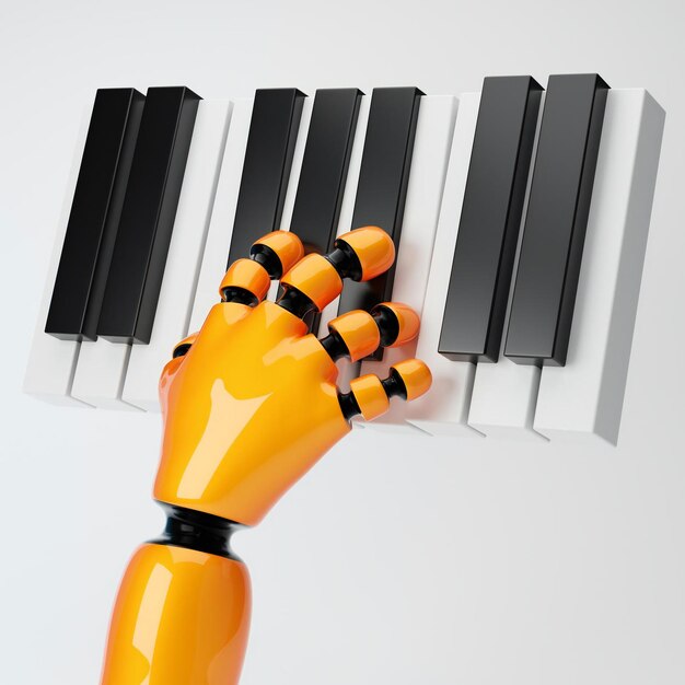 Foto robot cartoon mano suonare il pianoforte isolato su sfondo bianco rendering 3d
