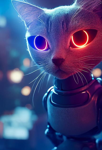 Robot cat in digital illustration. a futuristic robotic curious\
cat portrait. a si-fi cat character