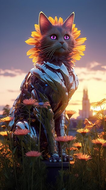 A robot cat in a field of flowers