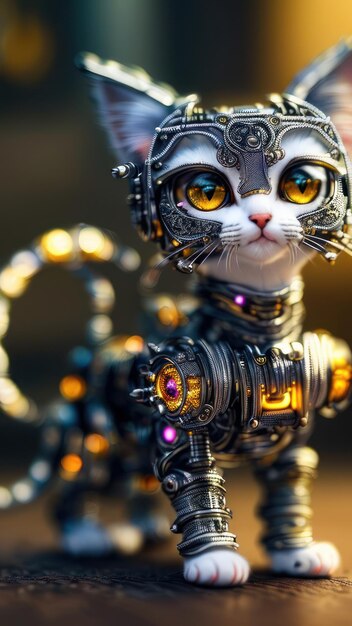 A robot cat with a robot face.