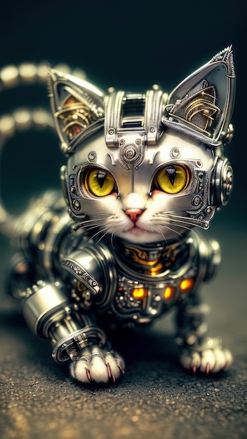 Кот-робот с серебряным лицом и желтыми глазами.