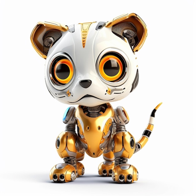 A robot cat with yellow eyes is standing on a white background.