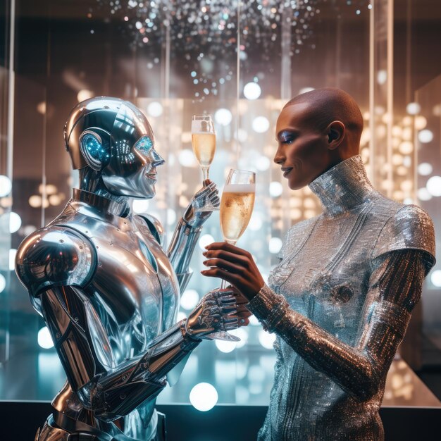 Foto un robot che celebra la vigilia di capodanno con un bicchiere di champagne nel futuro