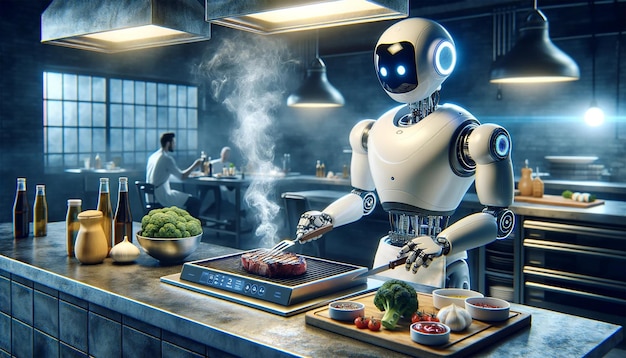 Photo robot chef prepares food artificial intelligence technologies