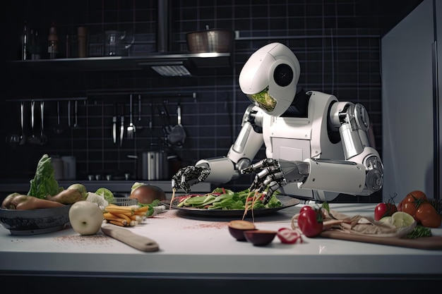Robot chef preparing delicious meal with fresh ingredients created with generative ai