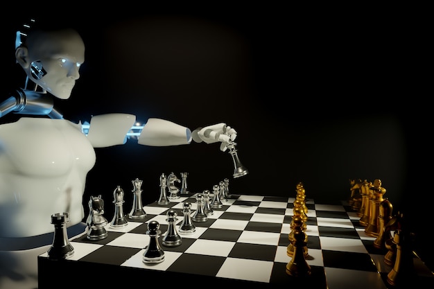 Robot chess armies on the wooden chessboard. Empty place for text. chess battle,Chess victory,chess concept,3d illustration