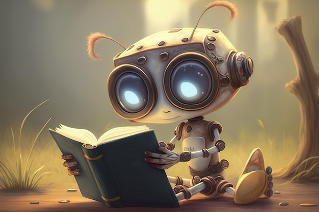 Robot child reading a book Robot education a book