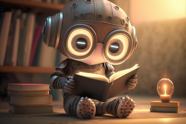 Robot child reading a book Robot education a book